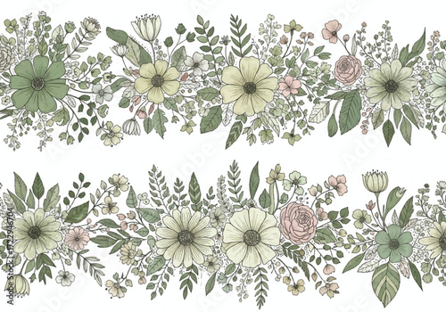 Seamless pattern with flowers and leaves. Vintage floral background.