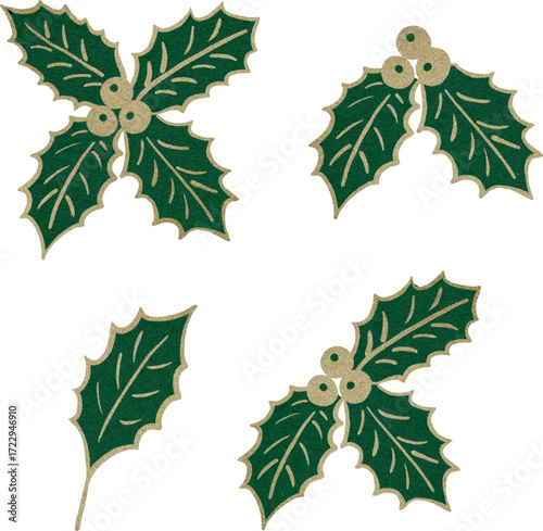 Vector watercolor illustration set of Christmas tree ornaments: mistletoe leaves, golden berries for festive wreath