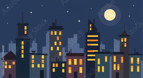 Cityscape at Night with Illuminated Buildings and Full Moon.