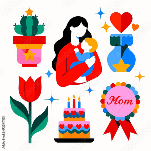 A mother lovingly holds her baby, surrounded by festive elements like a blooming tulip, a decorated cake, a star-topped cactus, and a "Mom" award ribbon, cel...