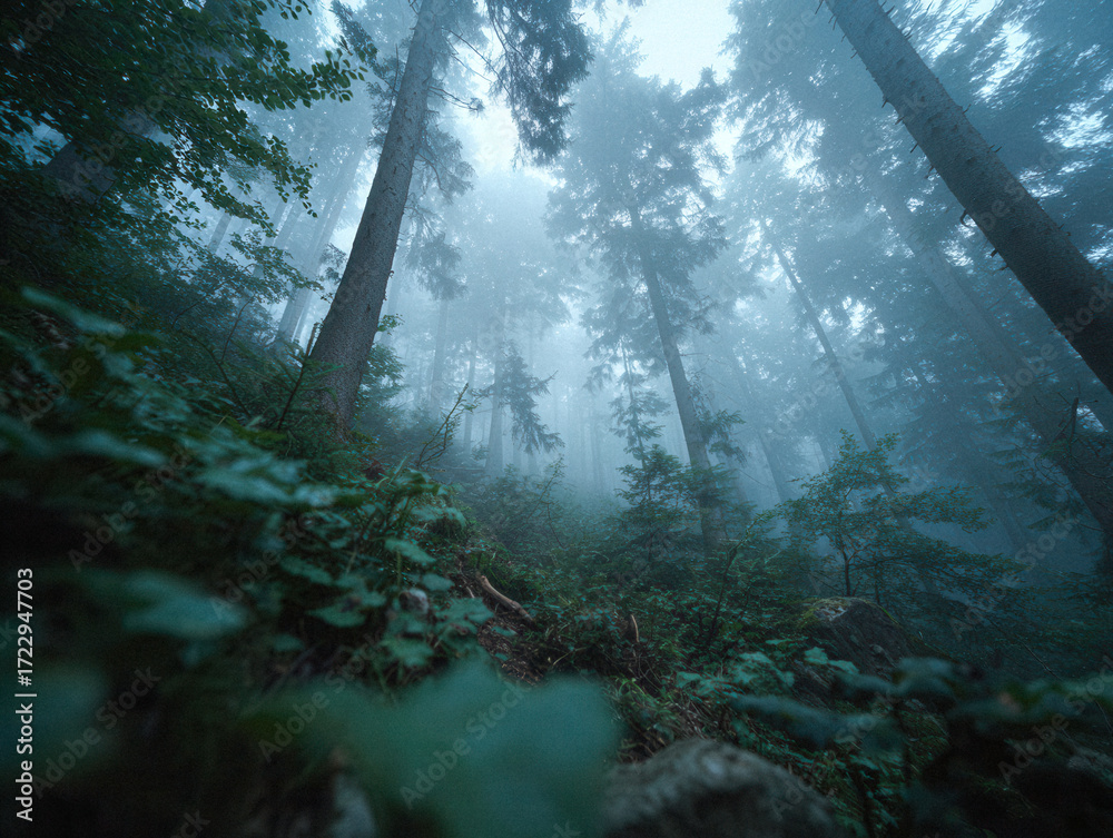 Fototapeta premium Veduta dal basso di un bosco nebbioso con alberi alti, un concetto di natura selvaggia, misteriosa e disconnessione