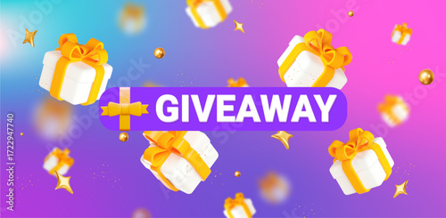 3d Giveaway banner with yellow flying gifts and gold confetti. Stock vector illustration on neon isolated background.
