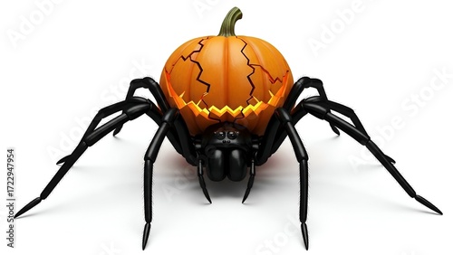 Monstrous giant black spider with a cracked orange pumpkin shell serving as its abdomen, isolated on a clear blank white background for a spooky Halloween concept
