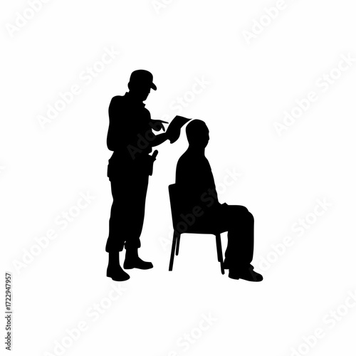 Silhouette of officer interviewing parolee with notepad white background silhouette