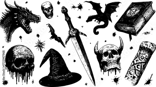 Dragon, skull, and sword in a hand-drawn style. Black and white vector illustration featuring magical elements in a vintage set.