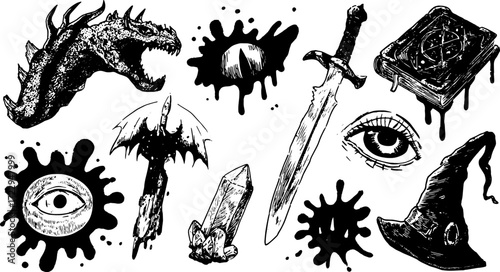 Dragon, eye, sword, and book in a black sketch style. Monochrome vector illustration featuring mystical elements for a spooky theme set.