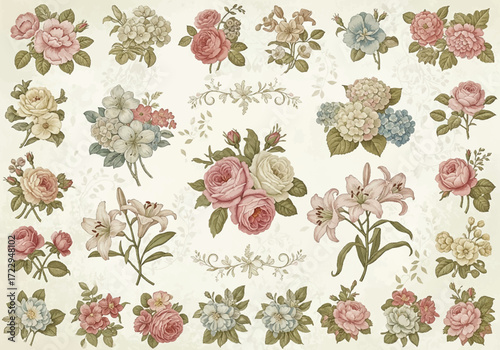 Seamless pattern with flowers and leaves. Vintage floral background.