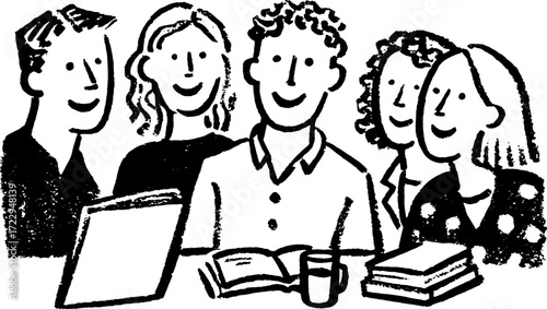 Group of people sitting together and smiling at a table with books and a cup. Simple vector illustration in black and white style set.