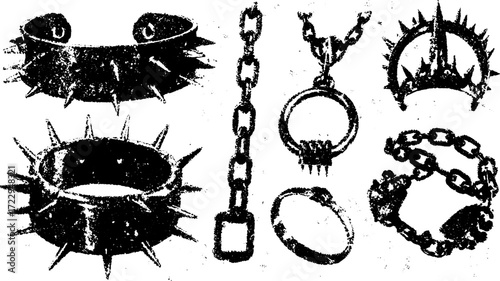 Various spiked jewelry pieces including collars, bracelets, and chains. Black vector illustration set showcasing detailed alternative accessories.