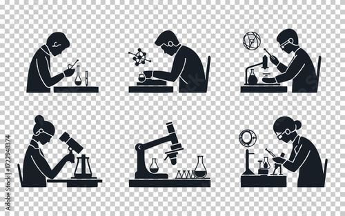 Various scientists conduct experiments in a laboratory setting while wearing masks and using different equipment for research