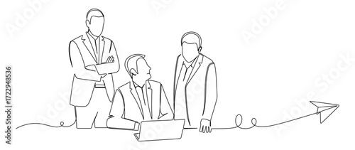 Continuous line art of three men in business suits discussing their work. Vector illustration

