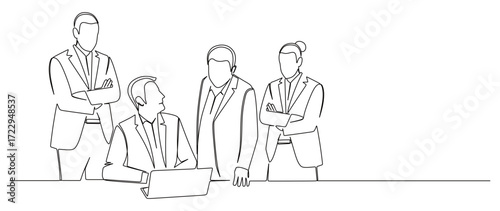 continuous line art of a man in a work suit sitting, and three other people standing and discussing their work. vector illustration