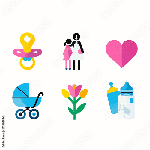 A collection of flat icons representing childhood, family, and care, featuring a pacifier, mother and child figures, a heart, a baby stroller, a flower, and baby bottles.
