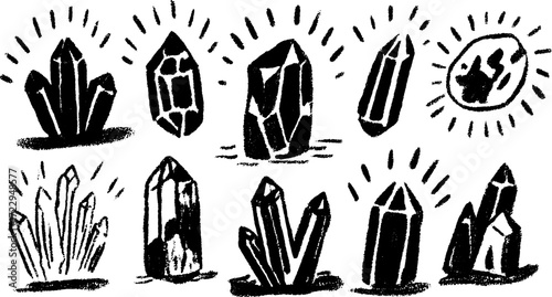 Crystals and stones in a black design style. Simple vector illustration set with abstract shapes and textures.