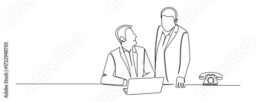 Continuous line art of two men in business suits discussing in front of a laptop and a telephone beside it. Vector illustration