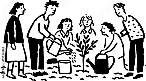 Group of children participating in planting a tree in a simple black and white vector illustration. This gardening set emphasizes teamwork and connection to nature.