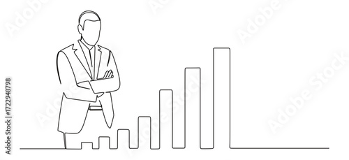 Continuous line art of a man in a business suit looking down at a graph. Vector illustration