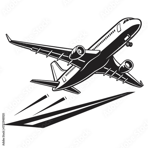 Illustration of a commercial airplane taking off from a runway in black and white vector design created with generated ai