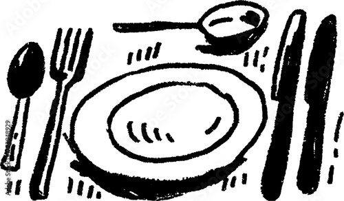 Plate, fork, spoon, and knife set in black line art style. Minimalist vector illustration depicting dining tableware on a simple background.