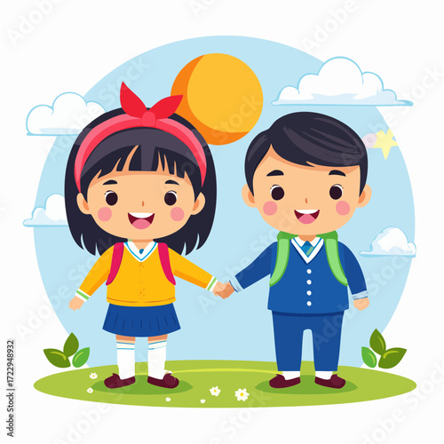 子供たちが手を繋ぐ様子のベクターイラスト素材