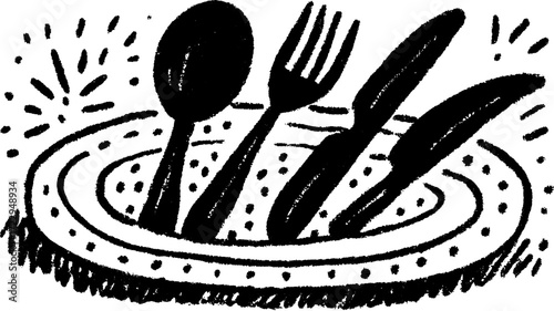 A fork, spoon, and knife set on a dish, illustrated in simple black lines. Hand-drawn vector illustration showcasing kitchen and dining elements.