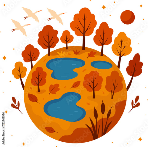 Vector illustration of a round autumn landscape with lakes, orange trees, flying birds and falling leaves. Concept of seasonal nature, small planet design and creative fall scenery.