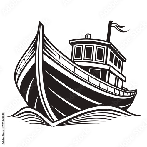 Illustration of a vintage fishing boat with a cabin and flag sailing on wavy water in black and white style created with generated ai