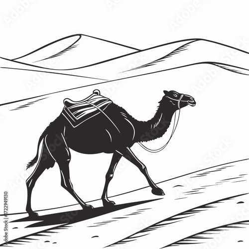 A monochrome illustration of a camel with a saddle walking across sand dunes in a desert landscape created with generated ai