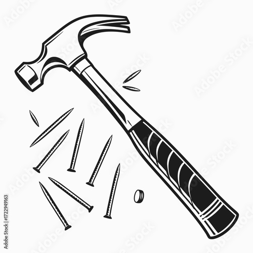 Illustration of a hammer with a textured grip and several scattered nails on a white background surface created with generated ai