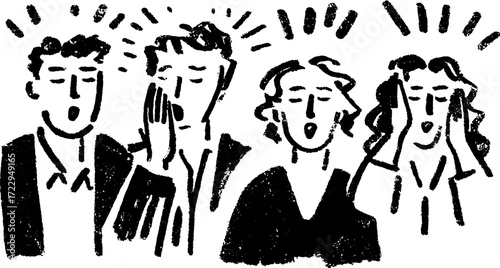 Group of people singing in an expressive vector illustration. This modern artwork captures vocal performance in a bold minimalist style.