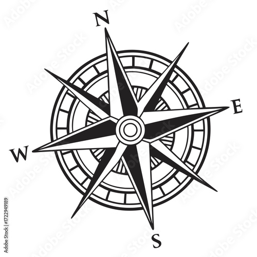 Illustration of a black and white compass rose with cardinal directions and circular design elements created with generated ai