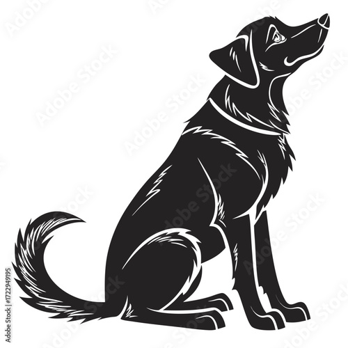 Silhouette of a black dog sitting with its head tilted upwards looking to the right side in vector art created with generated ai