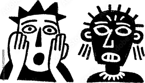 Black and white illustration featuring two expressive faces. Simple graphic set with unique character designs in vector format.