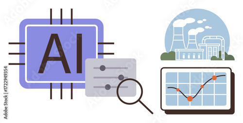 AI chip, industrial plant, magnifying glass, sliders, data chart with increasing trend. Ideal for automation, optimization, data analysis, innovation energy management tech solutions simple flat