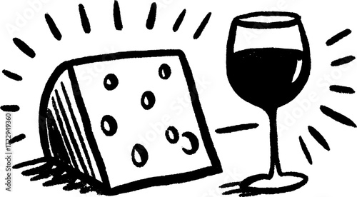 Cheese and wine pairing depicted in a simple black and white vector illustration. A minimalist style emphasizes the classic food set.