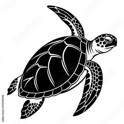 A black and white vector image of a sea turtle swimming with its flippers extended in the ocean water created with generated ai