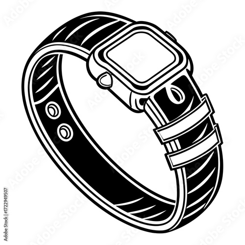 Illustration of a smartwatch with a square face and a strap with buckle holes in black and white created with generated ai