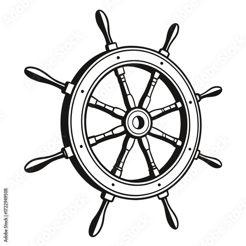 Illustration of a classic ship wheel with eight handles and a central hub in black and white outline style created with generated ai