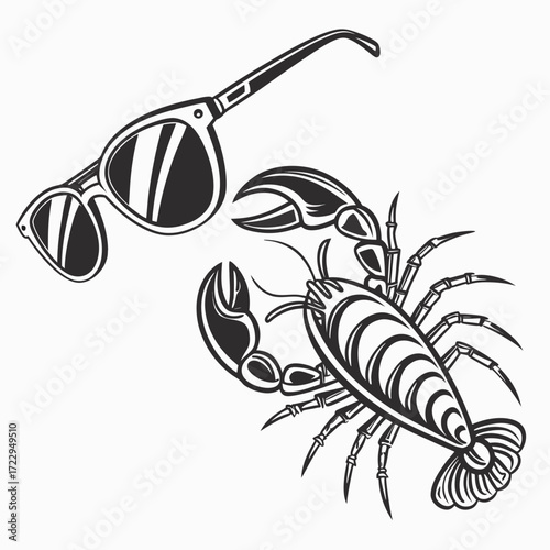 A graphic illustration of sunglasses and a lobster in black and white line art design style image created with generated ai