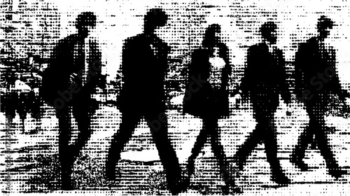 Group of individuals walking outdoors in a professional setting. The image features silhouettes in black and white, a modern vector illustration.