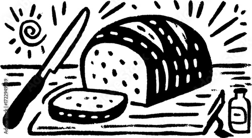 Bread and knife on a table. Simple black and white vector illustration featuring a hand-drawn style of food in a set.