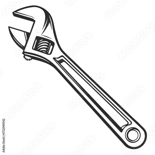 A detailed line drawing of an adjustable wrench tool with a handle and adjustable jaw mechanism shown clearly created with generated ai