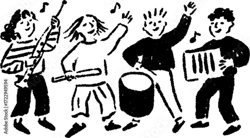 Musicians performing in a band. Simple black and white vector illustration of a group with instruments like a drum and flute in a set.