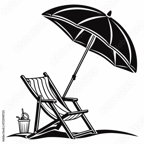 A black and white illustration of a beach chair and umbrella with a bucket on the sand near the chair created with generated ai