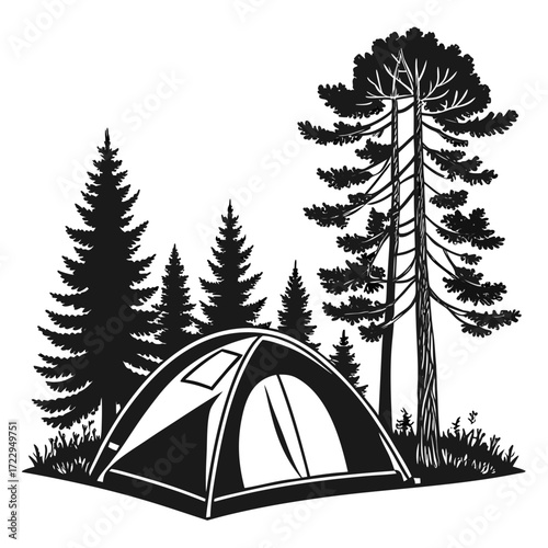 Illustration of a campsite with a tent surrounded by pine trees in a monochrome black and white design created with generated ai