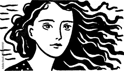 Woman's face illustration with wavy hair. Black and white minimal vector artwork emphasizing style and simplicity.