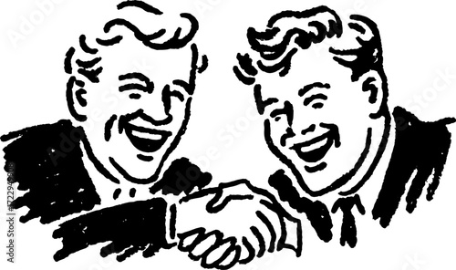 Happy businessmen shaking hands in a simple black and white vector illustration. This cartoon depicts a professional partnership set between two friends.