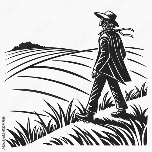 A man in a hat and coat walking across a field with grass in the foreground and a distant treeline created with generated ai