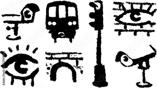 Eye and train vector illustrations in black and white. Simple street icons, including a signal and camera, create a modern illustration set.