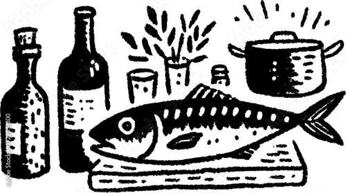 Fish and cooking ingredients in a simple style. Hand-drawn vector illustration featuring a pot, bottles, and kitchen elements in a set.